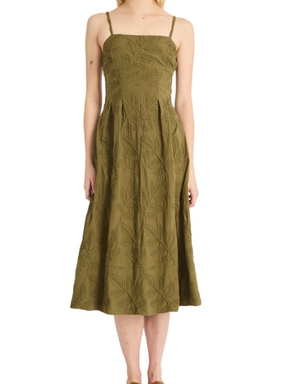 Luxely Olive Green Embroidered Midi Dress With Adjustable Straps & Back Zipper S